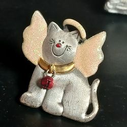 AJMC Silver Cat Brooch-Purrfect Angel-Holiday Gold Glitter Wings & Halo
