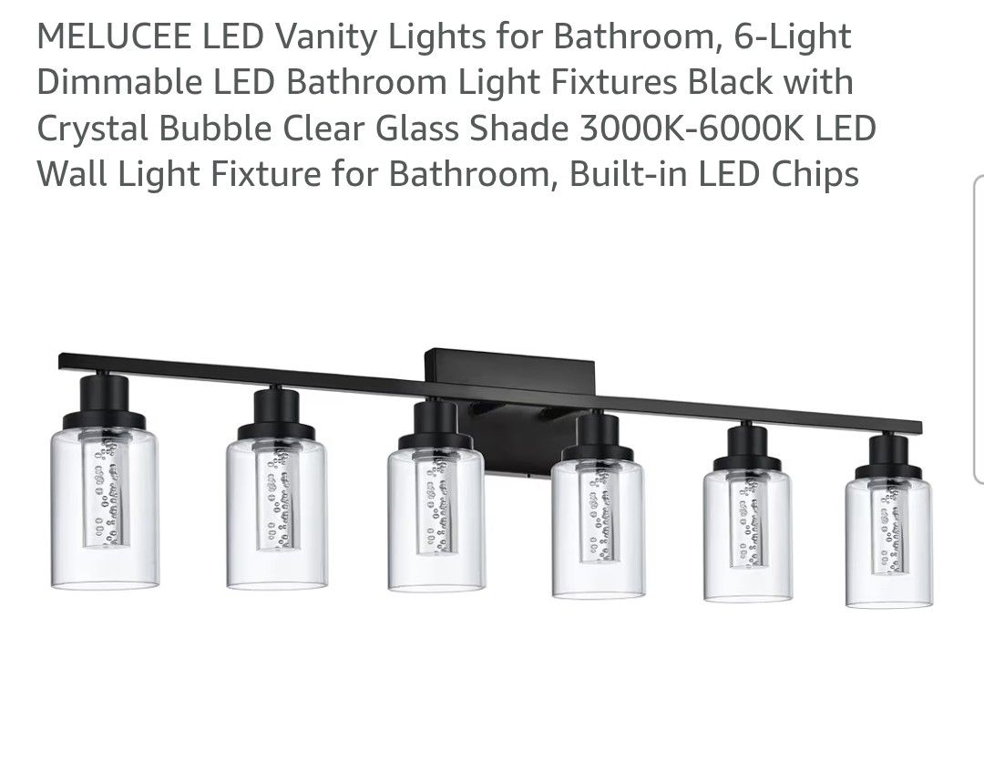MELUCEE LED Vanity Lights for Bathroom, 6-Light Dimmable LED Bathroom Light Fixtures Black with Crystal Bubble Clear Glass Shade 3000K-6000K LED Wall 