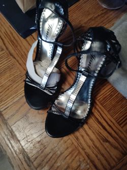 Black Strappy Heeled Sandals with Silver Detail