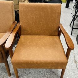Mid-century Modern Solid Wood Brown Leather Upholstered Armchair MKYH