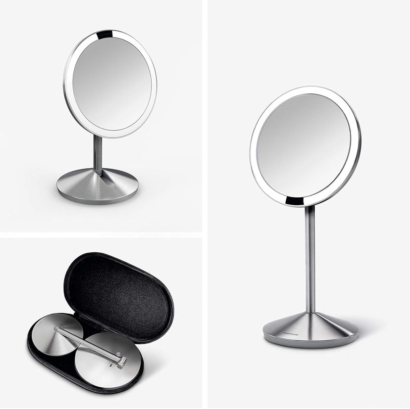 simplehuman Sensor Mirror, 5" Round Rechargeable Mini Travel Makeup Mirror, 10x Magnification, Brushed Stainless Steel
