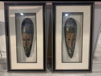 African Fang Mask Ngil Hand Carved In Ghana Framed Shadow 2x Box 33x19x3