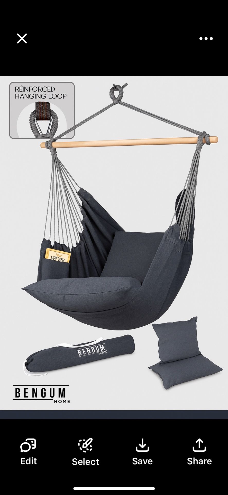 Bengum Hammock Chair Swing w/ 2 Cushions & Storage Bag 