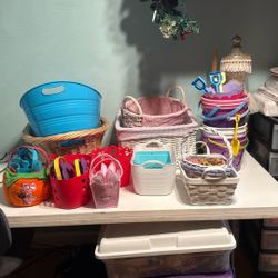 Assorted Baskets, Bins And Buckets
