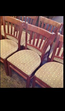 Wood & Brown Fabric Curved Slat Backed Chairs, - patterned seat, matching. Approximate (40) Count. $30 chair or all for $1000
