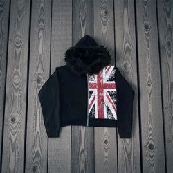 Retro Y2K Ins Fur Collar Printed Zipper Sweatshirt Long Sleeved Pullover Hoodie