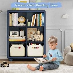  Tall Bookcase with 6 Cube Storage, Wooden Kids Bookshelf with Child Safe Paint, Girl Toy Storage Organizer Cabinet with Thick Board, Boy Large Book S