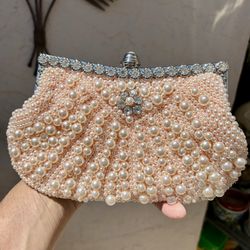 Gorgeous vintage pink pearl beaded evening clutch, wristlet, or shoulder bag.