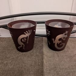 Two Brown Metal With Glass Insert Votive Candle Holders Home 