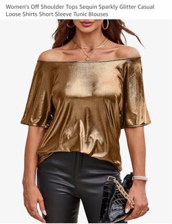 Women's Gold Metallic Off-Shoulder Short Sleeve Top