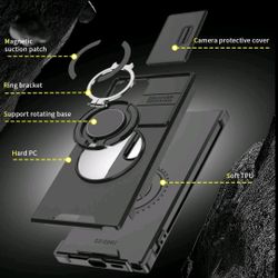 Shockproof Magnetic Case with Slide Camera Lens Protector For Samsung Galaxy S22 Ultra Plus Rotating Ring Holder