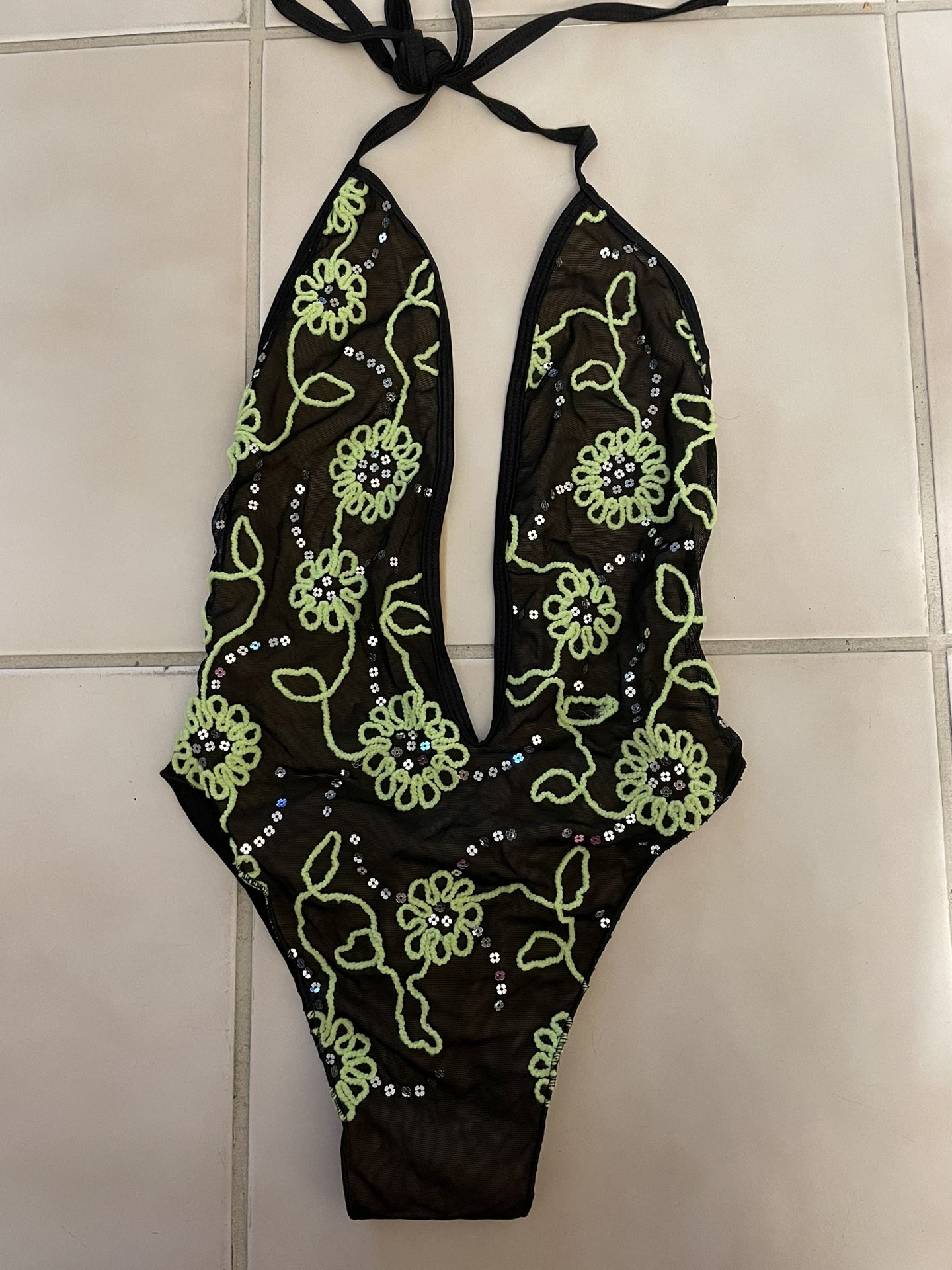 La Costanera One Piece Green Floral Sequin Bikini