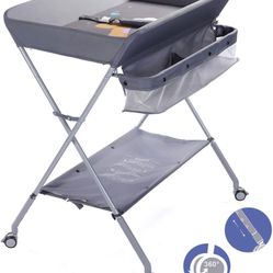 EGREE Baby Portable Folding Diaper Changing Station with Wheels, Adjustable Height Mobile Nursery Organizer with Safety Belt & Large Storage Racks, Ne