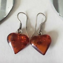 Pair Of Heart Shaped Baltic Amber Earrings With 925 Sterling Silver French Hook Ear Wires