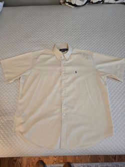 XL - Ralph Lauren Cream Short-Sleeve Button-Down Shirt with Navy Polo Logo CLEAN