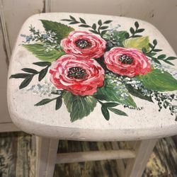 Hand Painted Floral Cottage Style, Vintage Stool