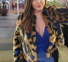 Obey Worldwide Faux Fur Leopard Print Jacket w/ Blue Accents – Medium – Like New
