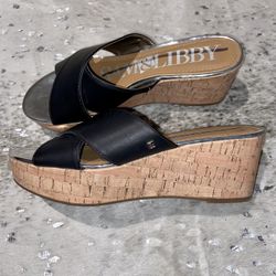 Ladies Size 8.5 Sam & Libby Black Cross Strap Wedges/Heeled Sandals 