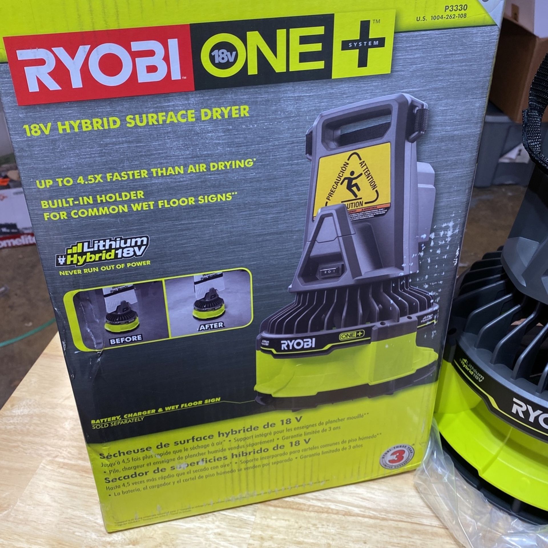 Ryobi P3330 18V One+ Hybrid Surface Floor Dryer Fan W/Sign holder NISB