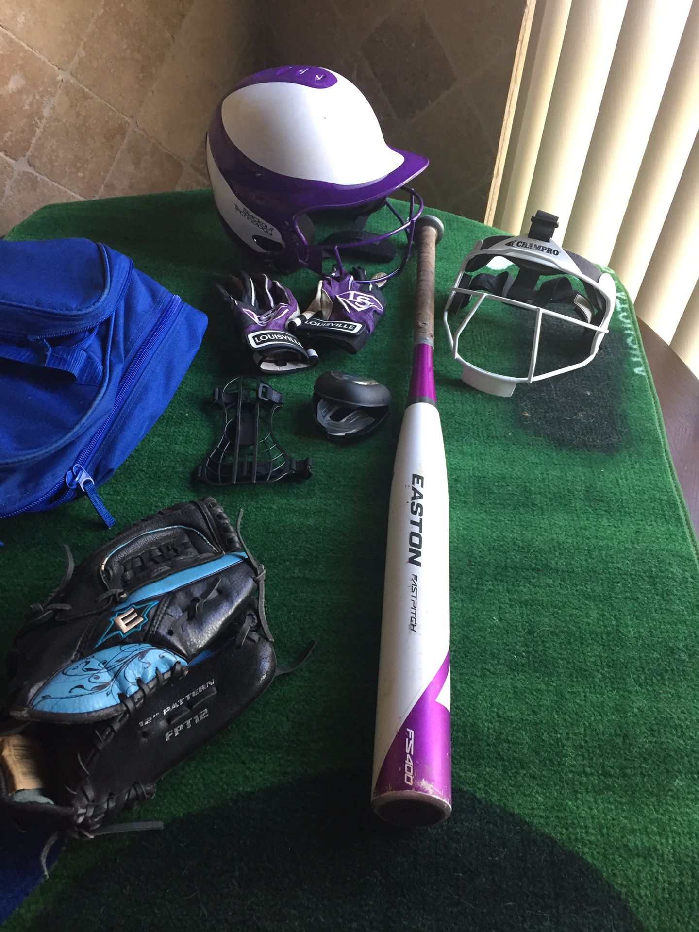 Softball Gear: bat, glove, bag, helmet, face guard