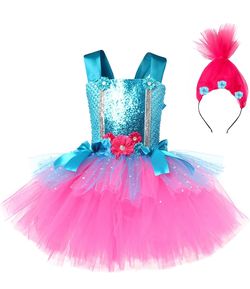 Kids Girls Trolls Poppy Costume Tutu Dress with Headband size 4-5t