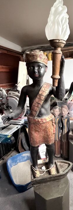 Large Pair of Venetian-Style Blackamoor Torchère Figures – Carved Wood Polychrome Gondola Bases
