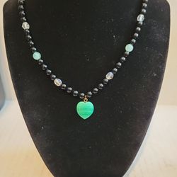 Black Beaded Necklace with Aqua Blue Jadeite and Clear Glass Stations Green Glass Heart Pendant F9