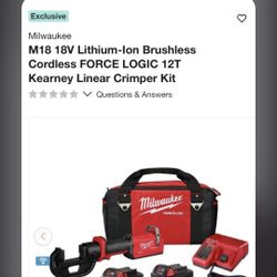 New

Milwaukee
M18 18V Lithium-Ion Cordless FORCE LOGIC 12T Kearney Crimper (Tool-Only)  STORE PRICE $5299