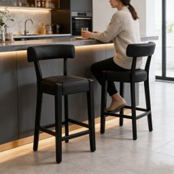 Counter Height Bar Stools Set of 2, 26 Inch Faux Leather Bar Stools with Back & Wood Frame for Island, Kitchen Counter Bar Chairs with Footrest for Pu