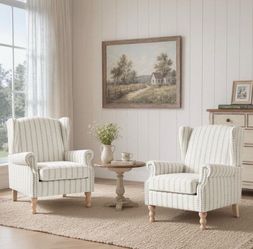 Set of 2 Light Gray Striped Wingback Accent Chairs – Fully Assembled, Stylish Living Room Chairs