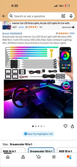 Dreamcolor Acrylic Interior Car LED Strip Light with Wireless APP, RGB 18 in 1 with 175 inches 593 LEDs Fiber Optic Ambient Lighting Kits, 16 Million 