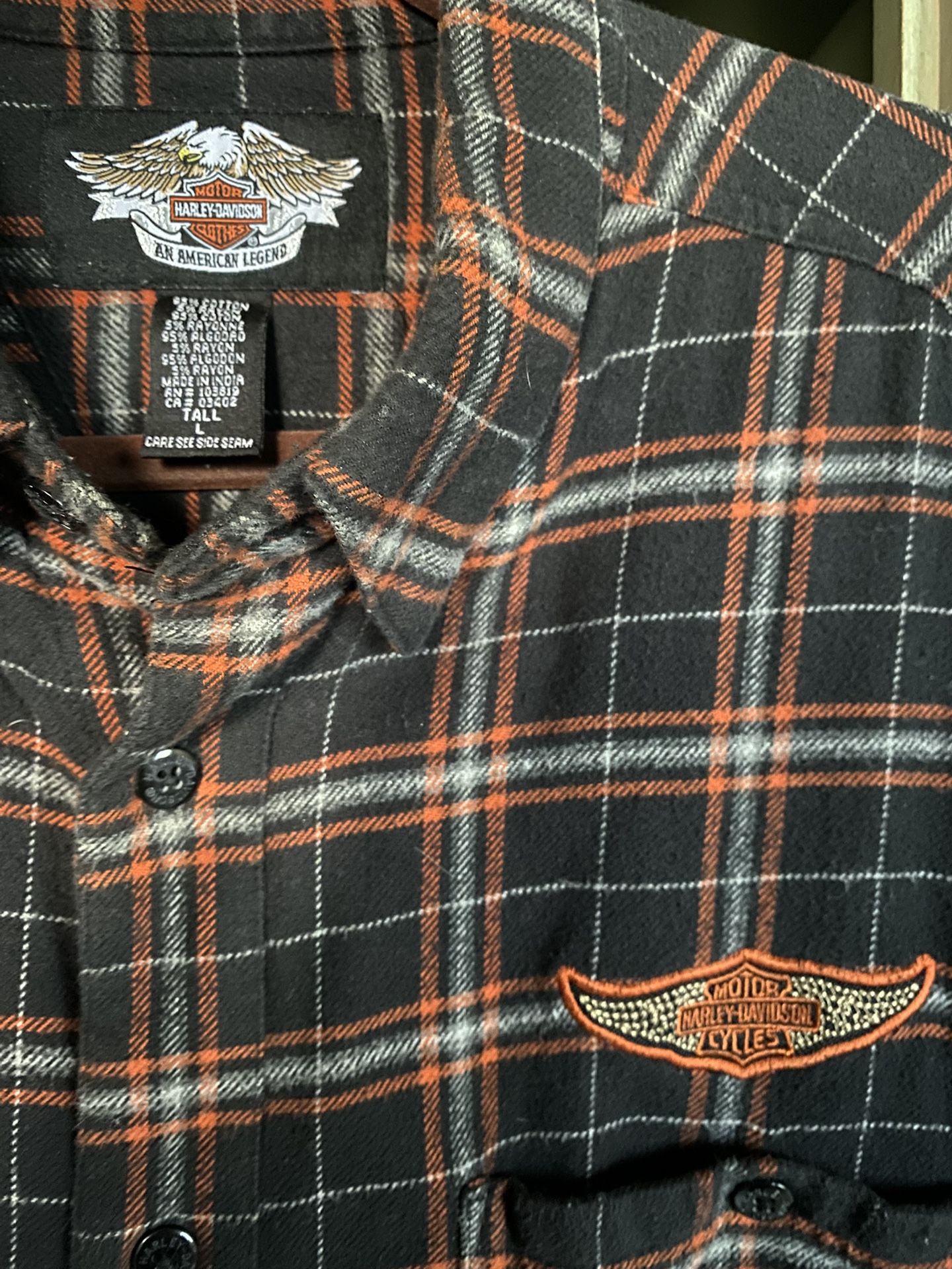 Harley Davidson Plaid Flannel Shirt Black Orange Logo Men’s Large Tall Lt