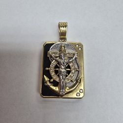 14k Gold Anchor With Jesus Pendant Onix Stone And White Zirconia 