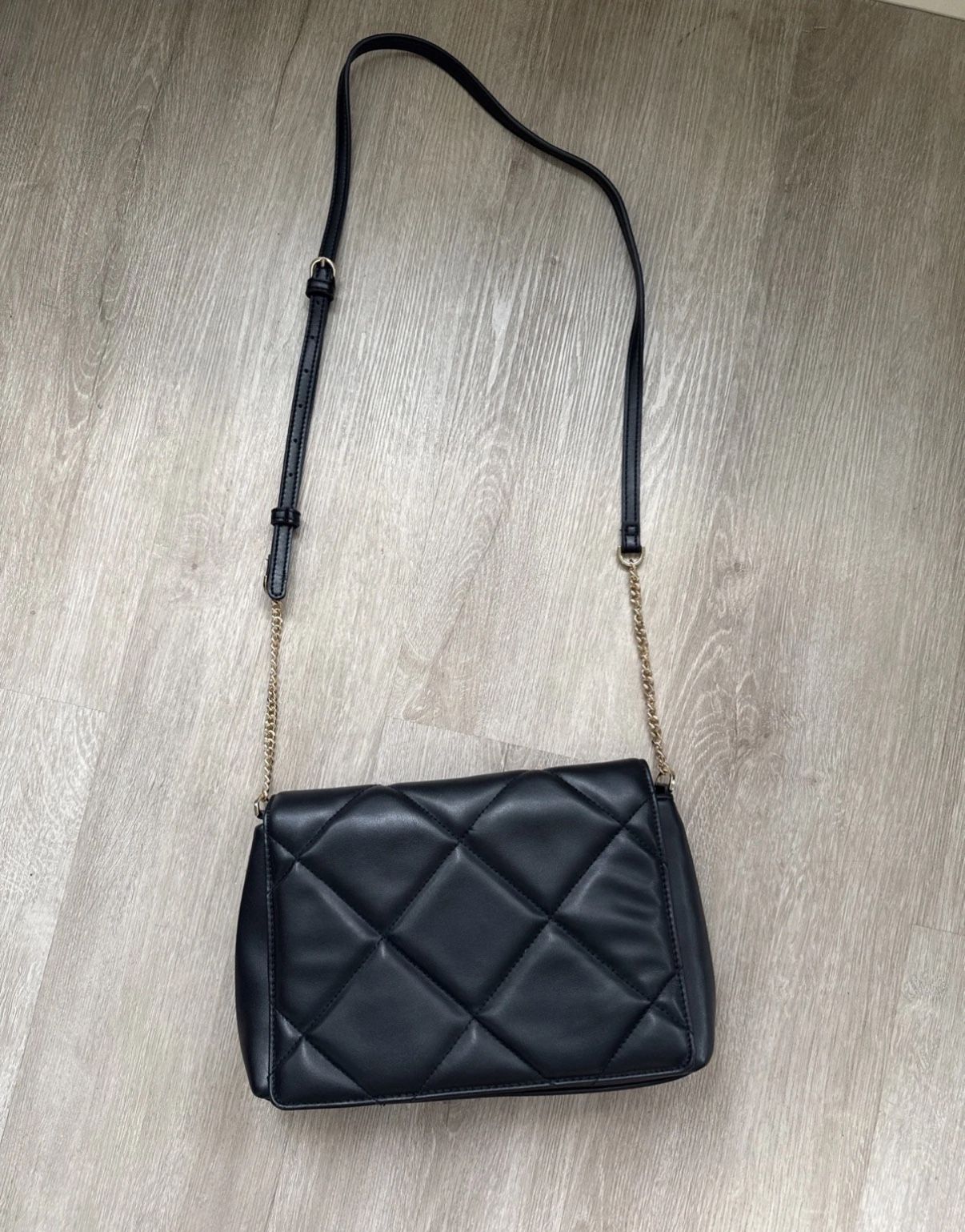 A New Day Quilted Crossbody Bag – Black Faux Leather with Gold Chain Strap