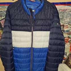 Tommy Hilfiger Navy Blue White Ultra Loft Puffer Packable Coat NWT size XL  $100