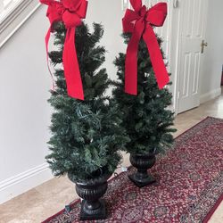 2 Gorgeous Pre-Lit Porch Pine Topiary Concrete Potted Christmas Trees, Clear Lights