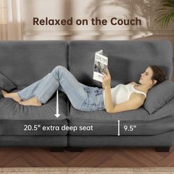 Grey 87" Corduroy Couch with 2 Pillows, Sailboat-Shape Deep Seat Sofa for Living Room, Small Space, Office, Apartment-Morden Fort