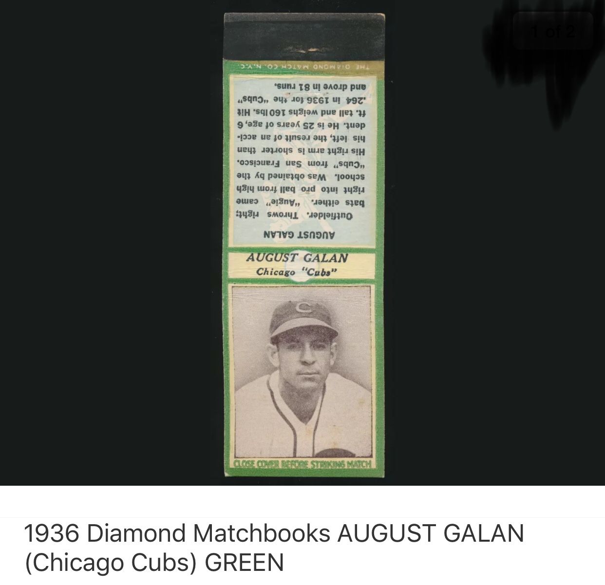 1936-MatchBook Card / August Galan - Chicago Cubs