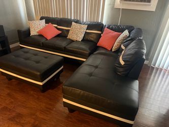Black Faux Leather Sectional Sofa with Ottoman