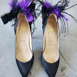 Black Satin Feather Heels