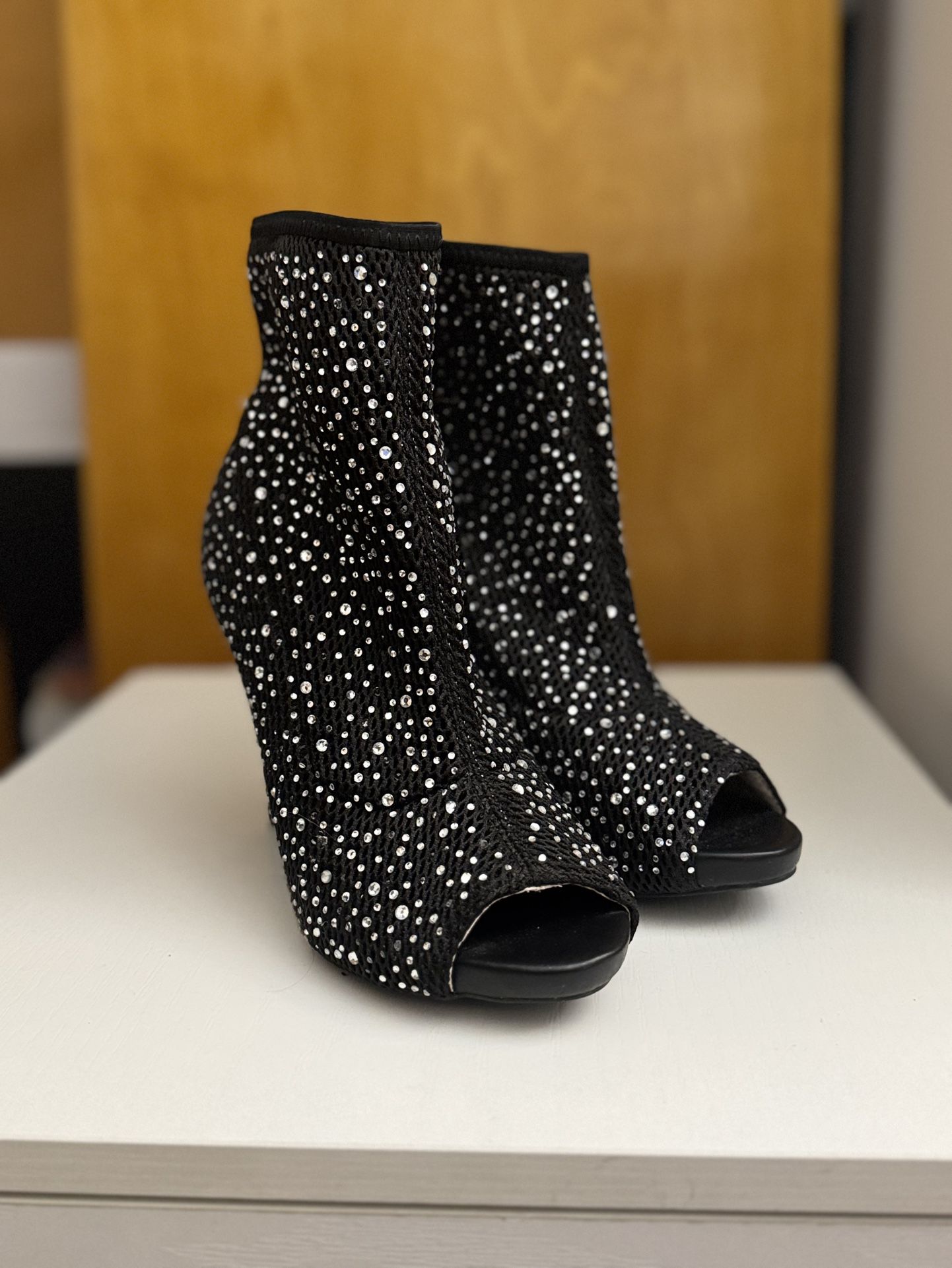 Black High Heels With Gemstones Open Toe