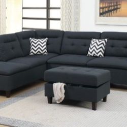 Brand New Black Sectional Sofa With Storage Ottoman 