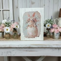 Floral Bunny Print In White Distressed Frame-pastel Pink & Blue