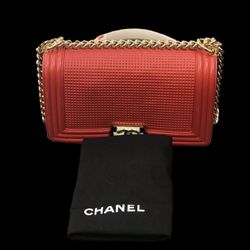 CHANEL Boy Flap Bag Red Cube Embossed Lambskin Leather Medium 2014