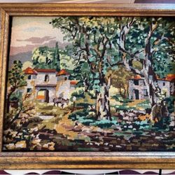 VINTAGE ROYAL PARIS VILLAGE TOWN FRAMED NEEDLEPOINT