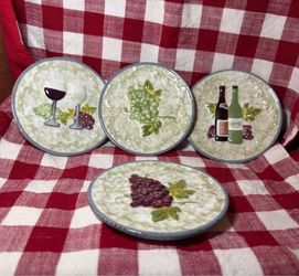 Set of 4 Wine-Themed Ceramic Decorative Plates
