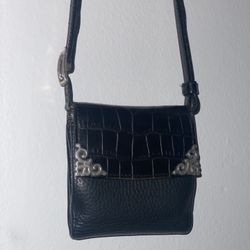 BRIGHTON Black Mini Leather & Pewter Small Wallet Purse on a Crossbody Strap 90s