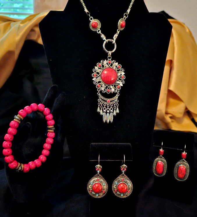 Boho Vintage Style Red Turquoise Jewelry Set 