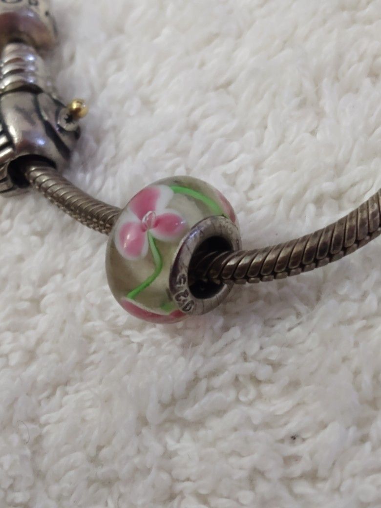 Sterling Silver Murano Glass Pink & White Flower Floral Bracelet Charm