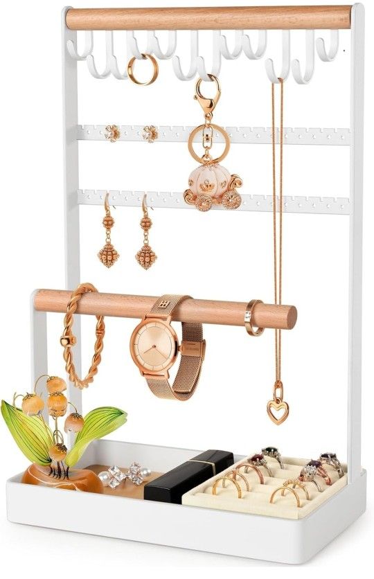 Jewelry Stand Earring Organizer, 5-Tier Necklace Holder with Ear Stud Holes Wood